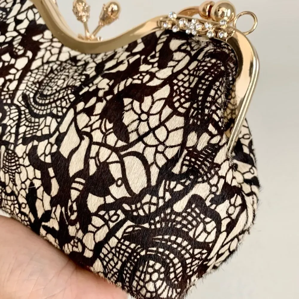 Handmade Real hair-on-horsehide Black Lace Print Kisslock Clutch/Crossbody - Picture 14 of 16